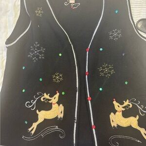 Festive Black Holiday Vest with Reindeer Embroidery